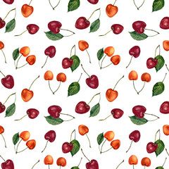 Panele Szklane  Lato wiśniowe jagody akwarela bezszwowe wzór. Akwarela wiśnie na białym tle. Do projektowania, tekstyliów i tła.