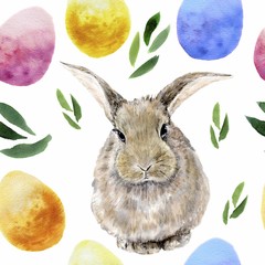 Watercolor easter pattern. Rabbit, eggs and herbs