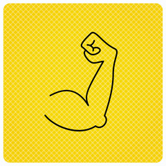 Biceps muscle icon. Bodybuilder strong arm sign. Weightlifting fitness symbol. Linear icon on orange background. Vector