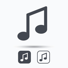 Music icon. Musical note sign. Melody symbol. Square buttons with flat web icon on white background. Vector