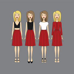 skirt. blouse. top. shoes. sandals. blonde. bright lips. girl in