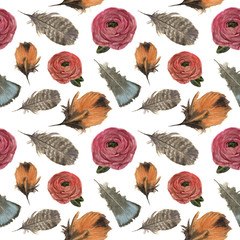 Watercolor pattern with feathers and ranunculus. Seamless textur