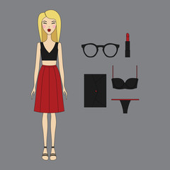  Girl in dress. casual wear. skirt. shoes. a bag. blouse. cosmet