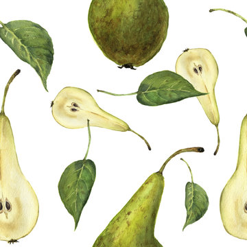 Watercolor seamless pattern with pears Conference and leaves. Botanical isolated illustration. 