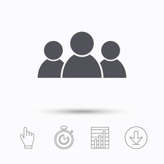 People icon. Group of humans sign. Team work symbol. Stopwatch timer. Hand click, report chart and download arrow. Linear icons. Vector
