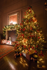 Calm image of interior Classic New Year Tree decorated in a room with fireplace