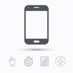 Smartphone icon. Mobile phone communication symbol. Stopwatch timer. Hand click, report chart and download arrow. Linear icons. Vector