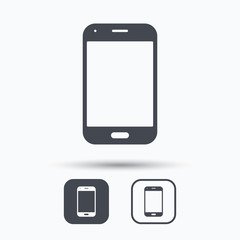 Smartphone icon. Mobile phone communication symbol. Square buttons with flat web icon on white background. Vector