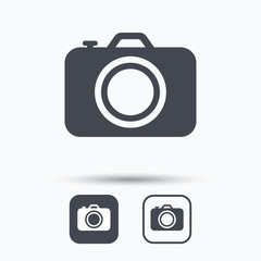 Camera icon. Professional photocamera symbol. Square buttons with flat web icon on white background. Vector