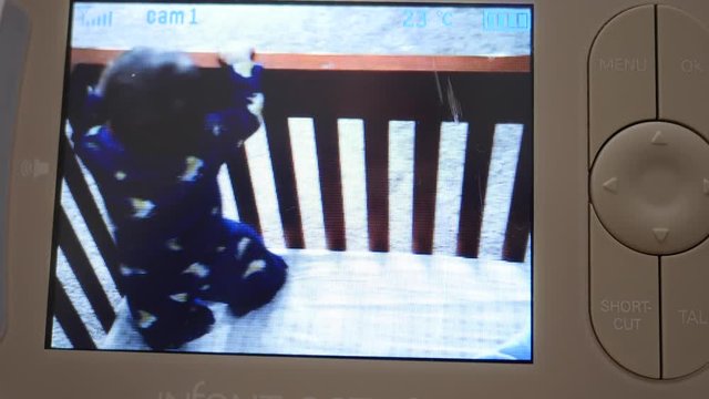 Watching a baby playing in his crib on a monitor