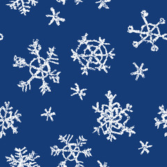 Crayon child's drawing merry christmas snowflake pattern. Hand painting pastel chalk. Kids drawing vector seamless background. Repeat christmas snow.