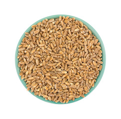 Farro organic wheat in a bowl isolated on a white background.
