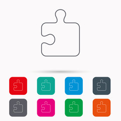 Puzzle icon. Jigsaw logical game sign. Boardgame piece symbol. Linear icons in squares on white background. Flat web symbols. Vector