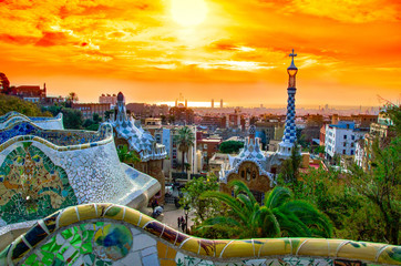 View of the city from Park Guell in Barcelona, Spain 