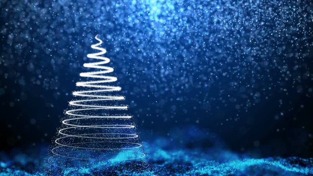Night sky with an animated White Christmas tree and falling snowflakes with stars. Christmas relaxing impressive 4K seamless loop video.