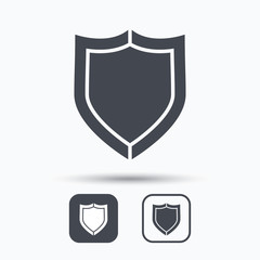 Shield protection icon. Defense equipment symbol. Square buttons with flat web icon on white background. Vector