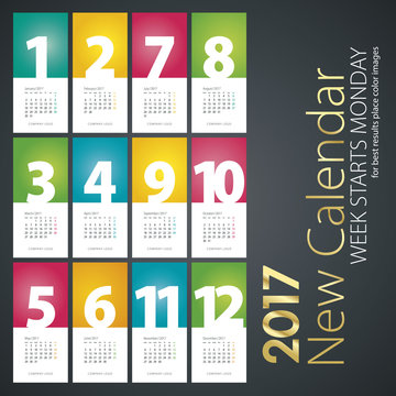 New Year wall calendar 2017 colorful months white color background