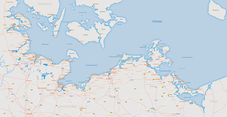 Karte Ostseeküste mit Städten, Inseln und Infrastruktur