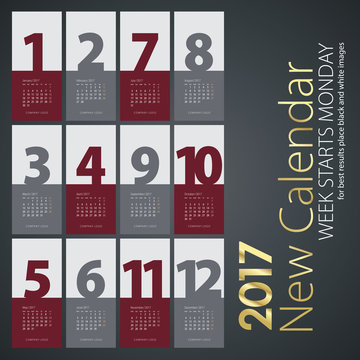 New Year wall calendar 2017 maroon gray months color background