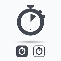 Stopwatch icon. Timer or clock device symbol. Square buttons with flat web icon on white background. Vector