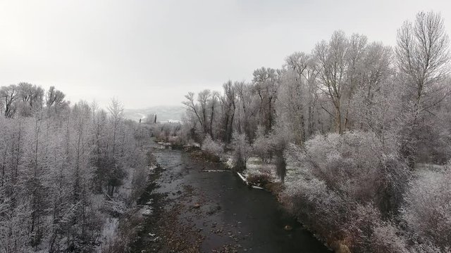 Aerial shot of beautiful snowy river and trees