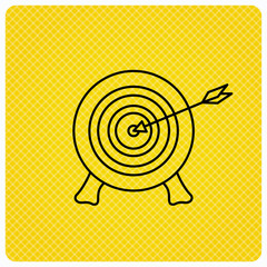Target with arrow icon. Archery aiming sign. Professional shooter sport symbol. Linear icon on orange background. Vector