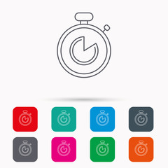 Timer icon. Stopwatch sign. Sport competition symbol. Linear icons in squares on white background. Flat web symbols. Vector