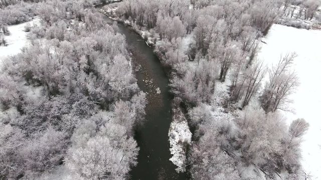 An aerial shot of beautiful snowy river and trees