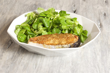 Honey-mustard salmon served with corn salad