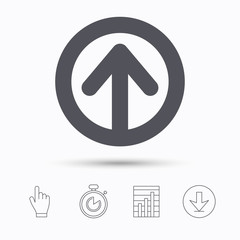 Upload icon. Load internet data symbol. Stopwatch timer. Hand click, report chart and download arrow. Linear icons. Vector