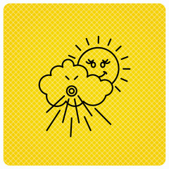 Wind icon. Cloud with sun and storm sign. Strong wind or tempest symbol. Linear icon on orange background. Vector