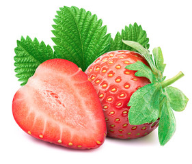 Perfectly retouched strawberry with sliced half and leaves isolated on white background whith clipping path