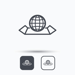 World map icon. Globe sign. Travel location symbol. Square buttons with flat web icon on white background. Vector