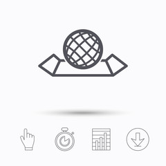 World map icon. Globe sign. Travel location symbol. Stopwatch timer. Hand click, report chart and download arrow. Linear icons. Vector