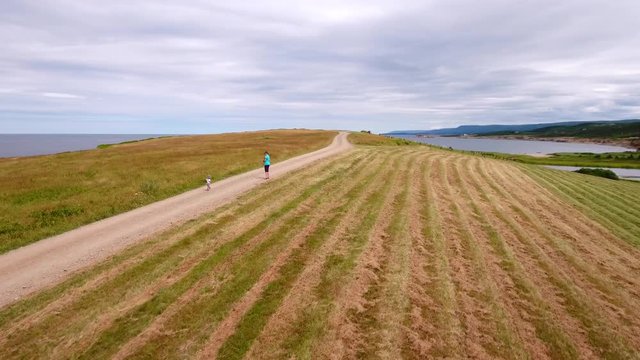 Aerial Shot Mother And Her Baby Walking On Rugged Ocean Coast