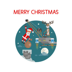 Santa and reindeer on the roof near the chimney