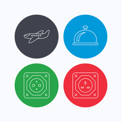 Air-plane, european socket and reception bell icons. UK socket linear sign. Linear icons on colored buttons. Flat web symbols. Vector
