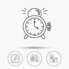 Radio, retro camera and alarm clock icons. Hard disk linear sign. Linear icons in circle buttons. Flat web symbols. Vector