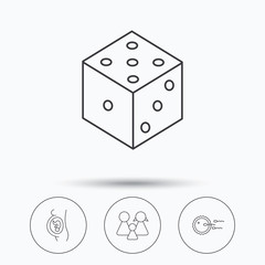 Pregnancy, family and family planning icons. Dice linear sign. Linear icons in circle buttons. Flat web symbols. Vector