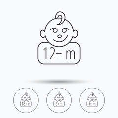 Infant child and toddler baby icons. 6-18 months child linear sign. Linear icons in circle buttons. Flat web symbols. Vector