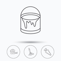 Tape measure, bucket of paint and paint brush icons. Nippers linear sign. Linear icons in circle buttons. Flat web symbols. Vector