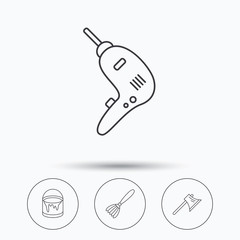 Drill tool, bucket of paint and axe icons. Brush linear sign. Linear icons in circle buttons. Flat web symbols. Vector