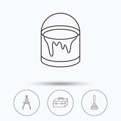 Measurement, plunger and repair toolbox icons. Bucket of paint linear sign. Linear icons in circle buttons. Flat web symbols. Vector