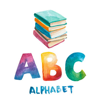 Watercolor illustration. stack of books and rainbow letter A, B,