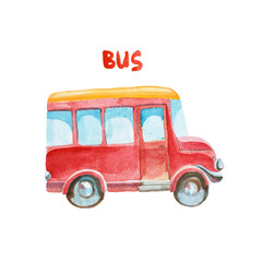 Watercolo red bus isolated on white background.