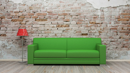 Green Sofa On Brick Wall Vintage Room 3d rendering