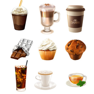 Collection of different drink and sweet foods - Raster clip art illustration

