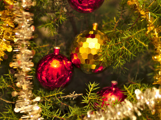 Christmas tree decorative balls closeup. Happy holidays!