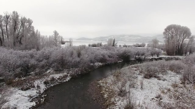 Aerial shot of a beautiful snowy river and tall trees