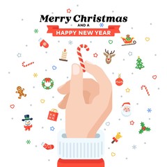 Christmas card with Santa's hand holding candy cane. Flat design